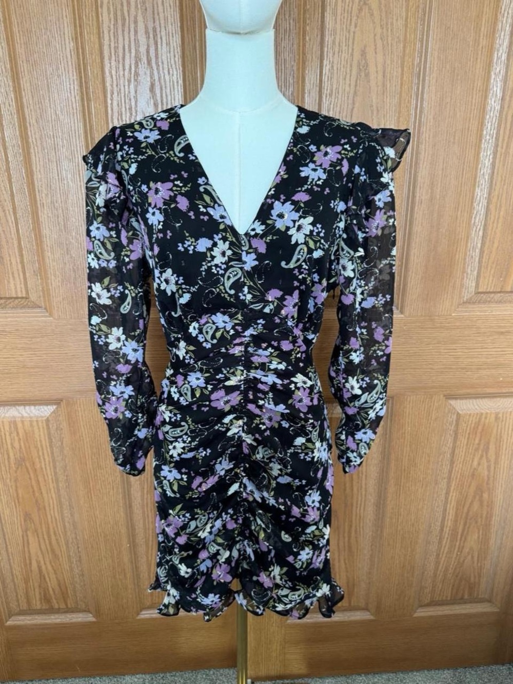 Floral Ruched V-Neck Mini Dress in Black and Lavender